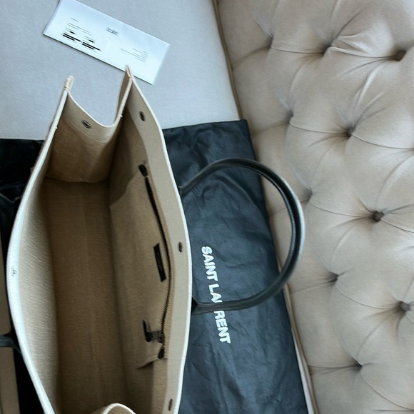 YSL Rive Gauche Large Tote Bag In Printed Canvas And Leather Lin Blanc Like New - Picture 16 of 17